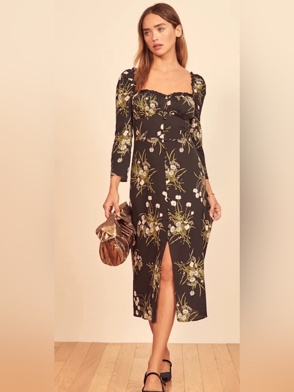 Reformation Fairway Floral Square-Neck Midi Dress